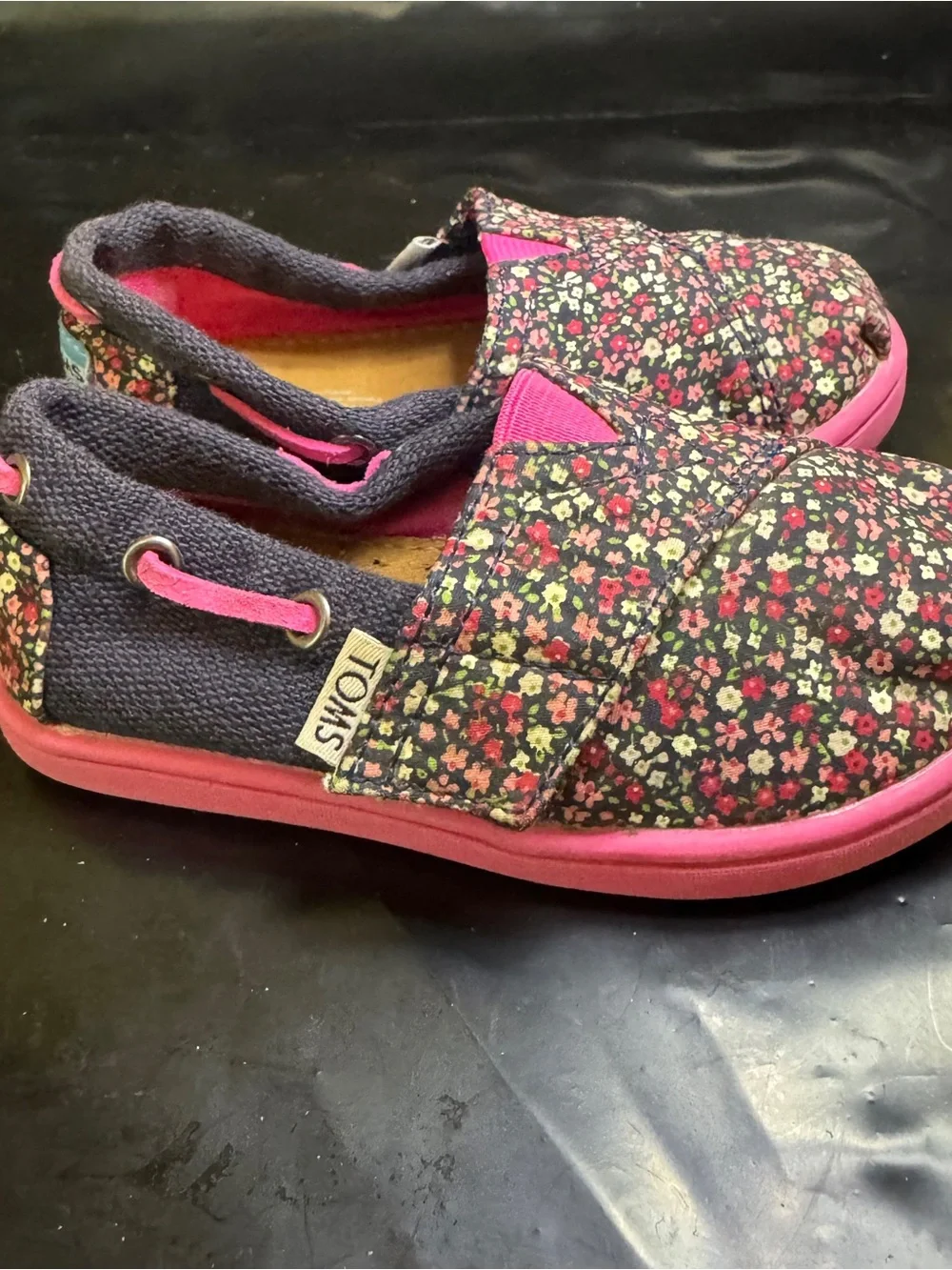TOMS Baby Girl Navy Floral Slip-Ons with Pink Accents